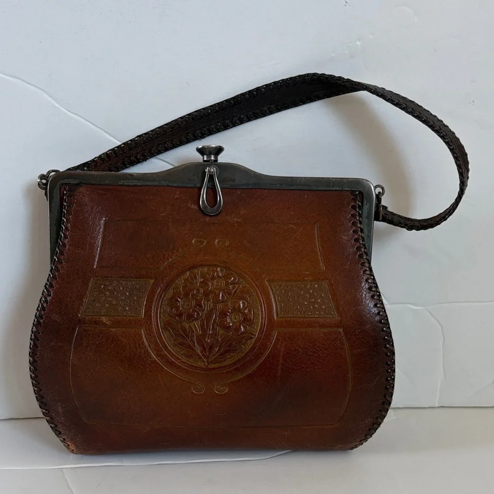 Antique embossed brown leather mini purse patented 1918. Clean. Embossed floral - Picture 1 of 16